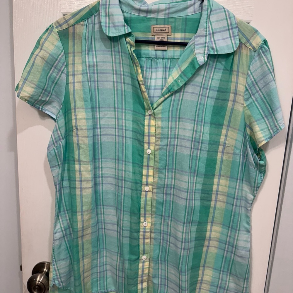 L.L. Bean Aqua Plaid lightweight S/S cotton blouse L